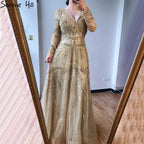 On Sale no return no refund Gold A-Line V-Neck Luxury Sexy Evening Dresses 2025 Pearls Crystal Long Sleeves Fromal Gown LA70287L