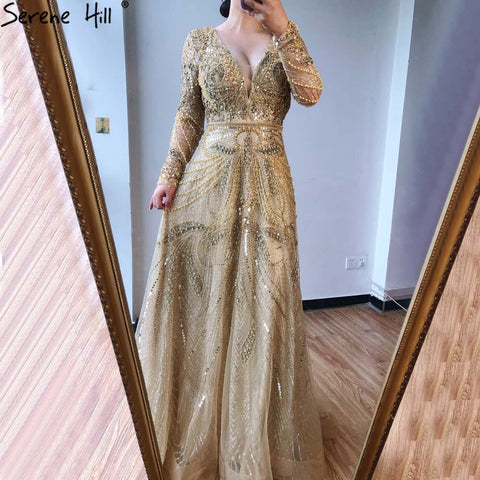 Robe de soirée luxueuse et sexy, col en V, coupe A-line dorée, manches longues, perles et cristaux, en solde, sans retour ni remboursement, 2025, LA70287L 