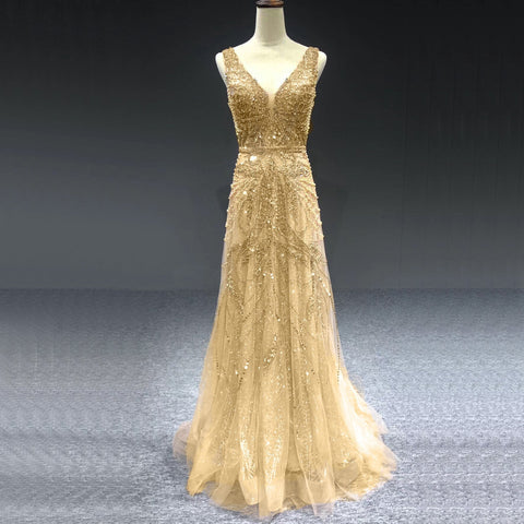Robe de soirée luxueuse et sexy, col en V, coupe A-line dorée, manches longues, perles et cristaux, en solde, sans retour ni remboursement, 2025, LA70287L 