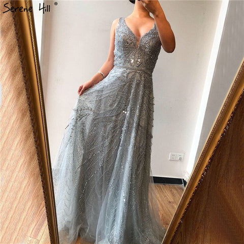 Robe de soirée luxueuse et sexy, col en V, coupe A-line dorée, manches longues, perles et cristaux, en solde, sans retour ni remboursement, 2025, LA70287L 