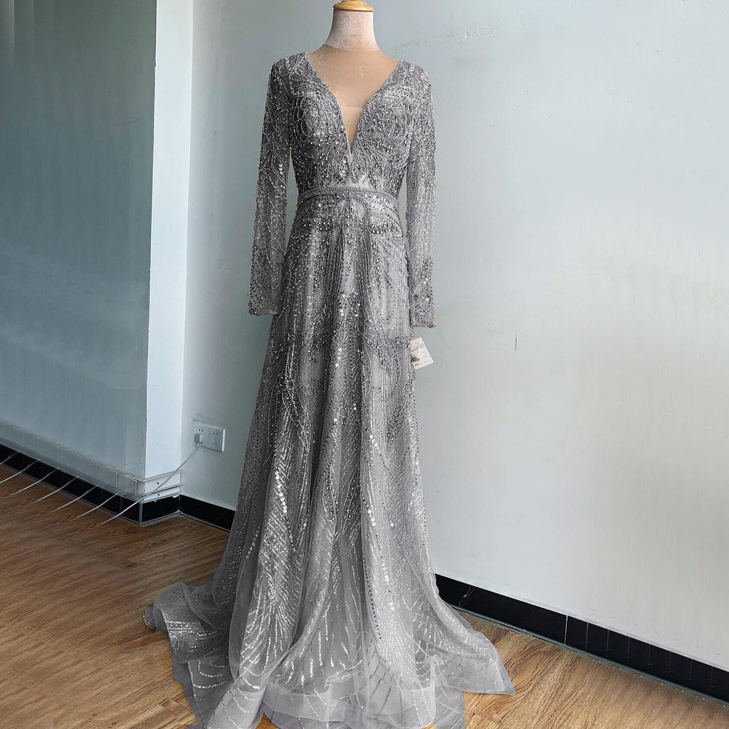 On Sale no return no refund Gold A-Line V-Neck Luxury Sexy Evening Dresses 2025 Pearls Crystal Long Sleeves Fromal Gown LA70287L