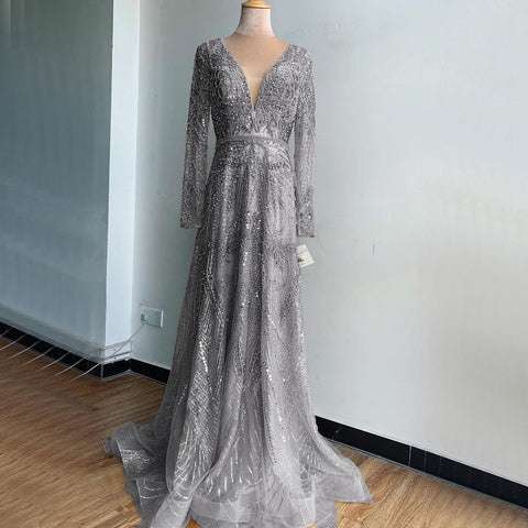 Robe de soirée luxueuse et sexy, col en V, coupe A-line dorée, manches longues, perles et cristaux, en solde, sans retour ni remboursement, 2025, LA70287L 