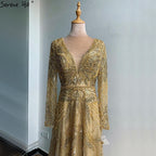 On Sale no return no refund Gold A-Line V-Neck Luxury Sexy Evening Dresses 2025 Pearls Crystal Long Sleeves Fromal Gown LA70287L