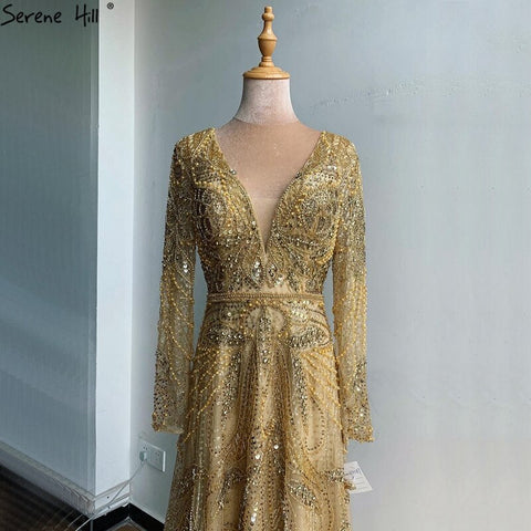 Robe de soirée luxueuse et sexy, col en V, coupe A-line dorée, manches longues, perles et cristaux, en solde, sans retour ni remboursement, 2025, LA70287L 