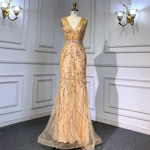 Robe de soirée sirène élégante et luxueuse, style arabe doré, manches cape et perles, 2025, LA71496 