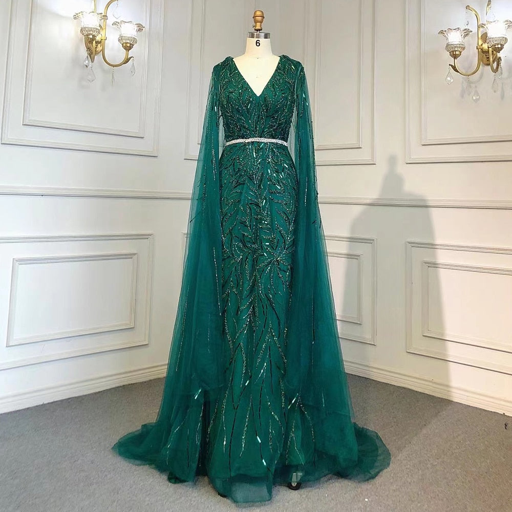 Gold Arabic Cape Sleeves Beaded Evening Dresses Gowns 2025 Mermaid Elegant Luxury For Women Party LA71496
