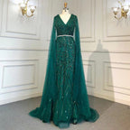 Gold Arabic Cape Sleeves Beaded Evening Dresses Gowns 2025 Mermaid Elegant Luxury For Women Party LA71496