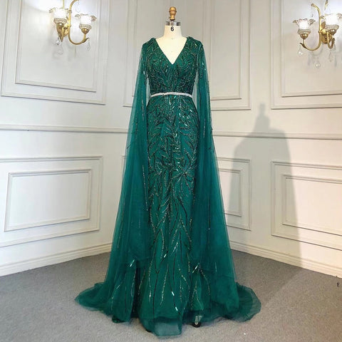Robe de soirée sirène élégante et luxueuse, style arabe doré, manches cape et perles, 2025, LA71496 