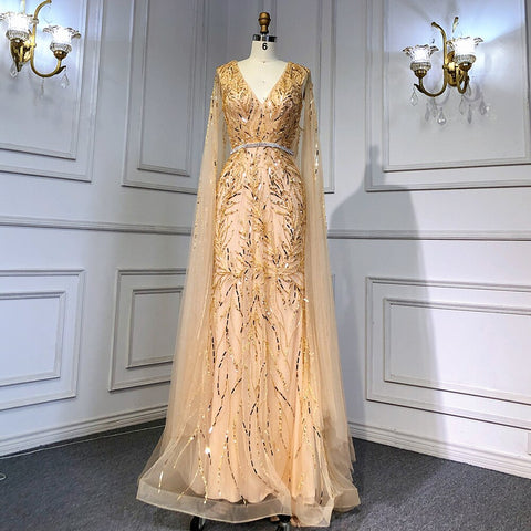 Robe de soirée sirène élégante et luxueuse, style arabe doré, manches cape et perles, 2025, LA71496 