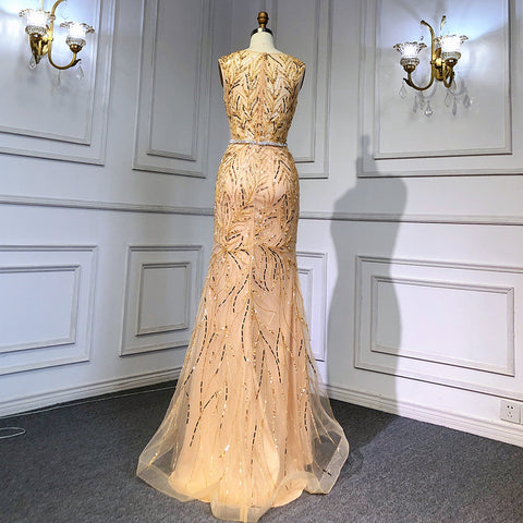 Robe de soirée sirène élégante et luxueuse, style arabe doré, manches cape et perles, 2025, LA71496 