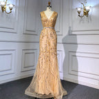 Gold Arabic Cape Sleeves Beaded Evening Dresses Gowns 2025 Mermaid Elegant Luxury For Women Party LA71496