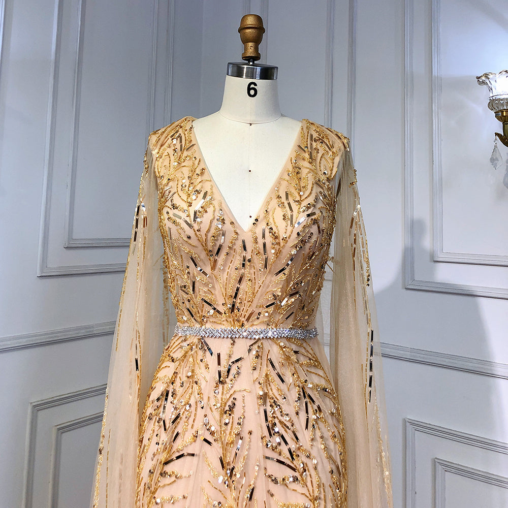 Gold Arabic Cape Sleeves Beaded Evening Dresses Gowns 2025 Mermaid Elegant Luxury For Women Party LA71496