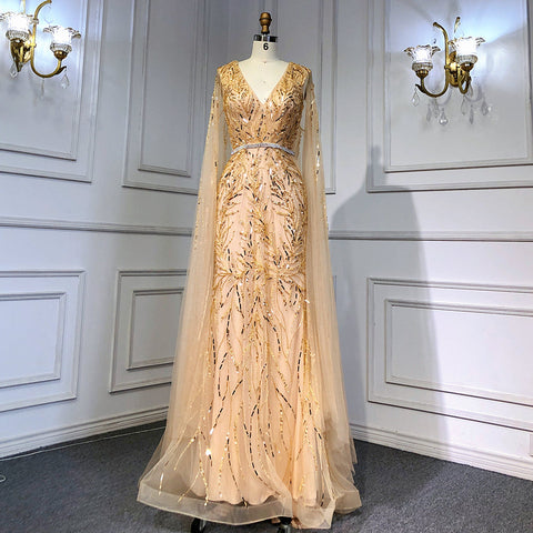 Robe de soirée sirène élégante et luxueuse, style arabe doré, manches cape et perles, 2025, LA71496 