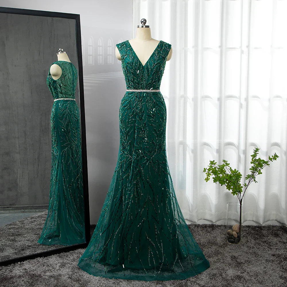 Gold Arabic Cape Sleeves Beaded Evening Dresses Gowns 2025 Mermaid Elegant Luxury For Women Party LA71496