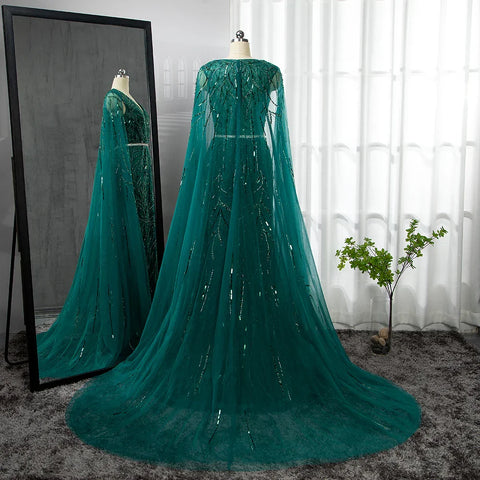 Robe de soirée sirène élégante et luxueuse, style arabe doré, manches cape et perles, 2025, LA71496 