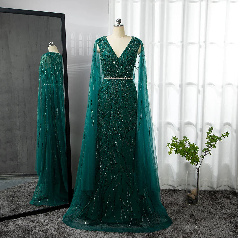 Gold Arabic Cape Sleeves Beaded Evening Dresses Gowns 2025 Mermaid Elegant Luxury For Women Party LA71496
