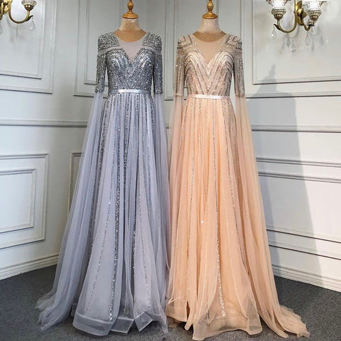 Gold Arabic Luxury Cape Sleeves Evening Dresses Gowns 2025 Beaded A-Line For Women Party LA71598