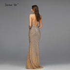 Gold Backless Mermaid Sexy Evening Dresses 2025 Dubai Crystal Beading Luxury Formal Dress Design LA70165