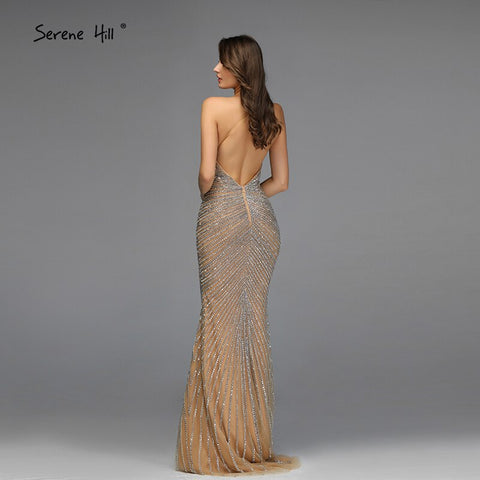 Robe de soirée sirène dos nu dorée, sexy, 2025, perles de cristal, robe de soirée luxueuse, design LA70165 