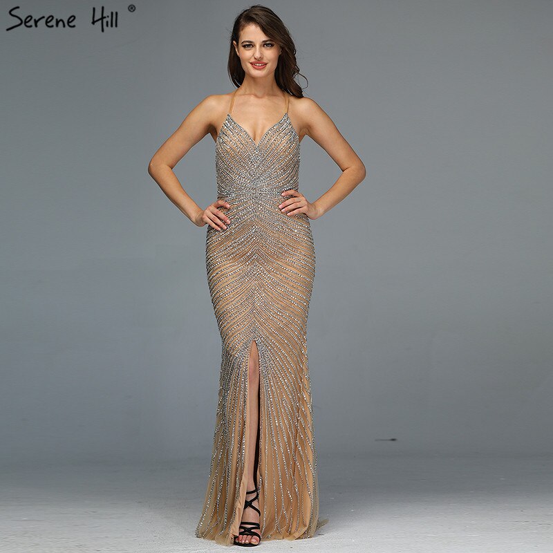 Gold Backless Mermaid Sexy Evening Dresses 2025 Dubai Crystal Beading Luxury Formal Dress Design LA70165