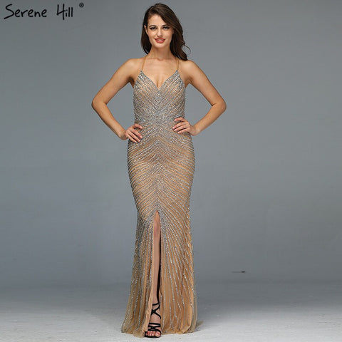 Robe de soirée sirène dos nu dorée, sexy, 2025, perles de cristal, robe de soirée luxueuse, design LA70165 