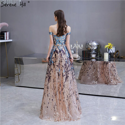 Robe de soirée sexy sans manches à paillettes dorées et bleues, épaules dénudées, scintillante, coupe trapèze, LA70373, 2025 