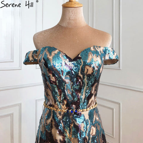 Robe de soirée sexy sans manches à paillettes dorées et bleues, épaules dénudées, scintillante, coupe trapèze, LA70373, 2025 