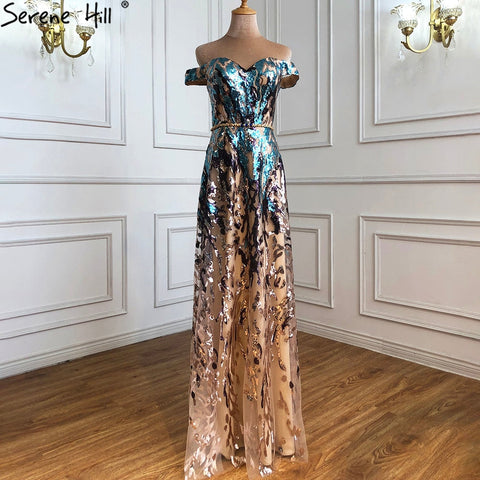 Robe de soirée sexy sans manches à paillettes dorées et bleues, épaules dénudées, scintillante, coupe trapèze, LA70373, 2025 