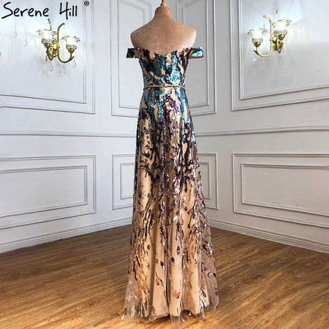 Robe de soirée sexy sans manches à paillettes dorées et bleues, épaules dénudées, scintillante, coupe trapèze, LA70373, 2025 