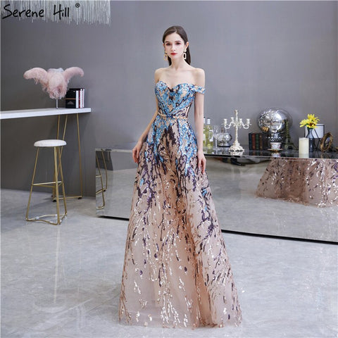 Robe de soirée sexy sans manches à paillettes dorées et bleues, épaules dénudées, scintillante, coupe trapèze, LA70373, 2025 