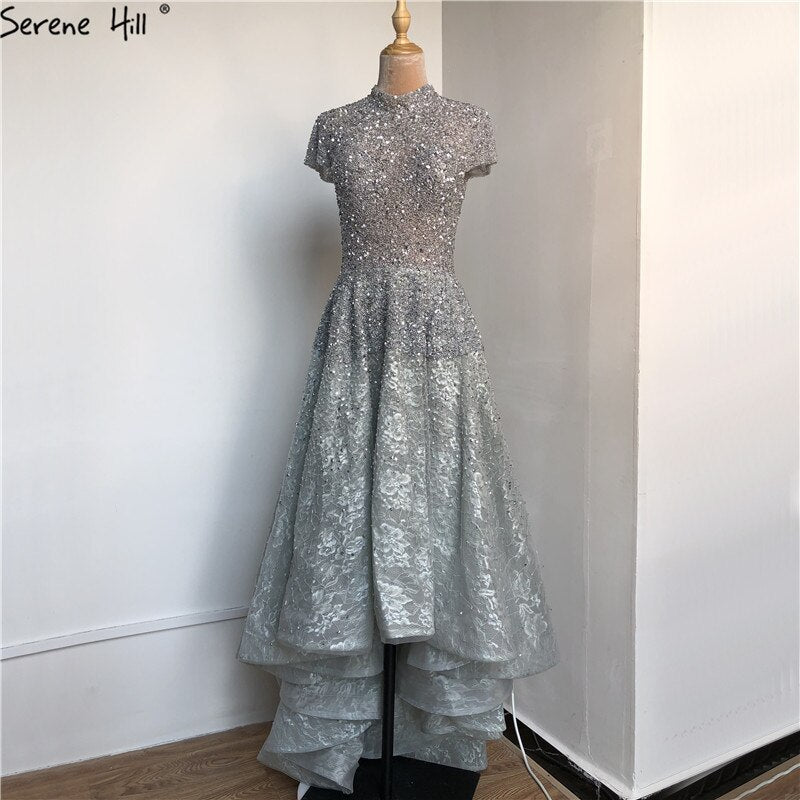 Gold High Neck Luxury Asymmetrical Evening Dresses 2025 Beading Sequined Sleeveless Evening Gowns LA60757