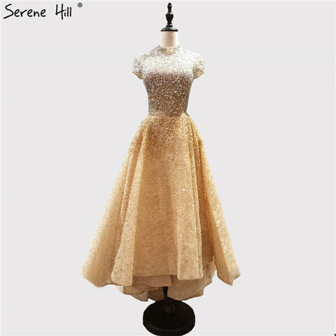 Robe de soirée asymétrique luxueuse dorée à col haut, 2025, perles, paillettes, sans manches, LA60757 