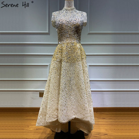 Robe de soirée asymétrique luxueuse dorée à col haut, 2025, perles, paillettes, sans manches, LA60757 