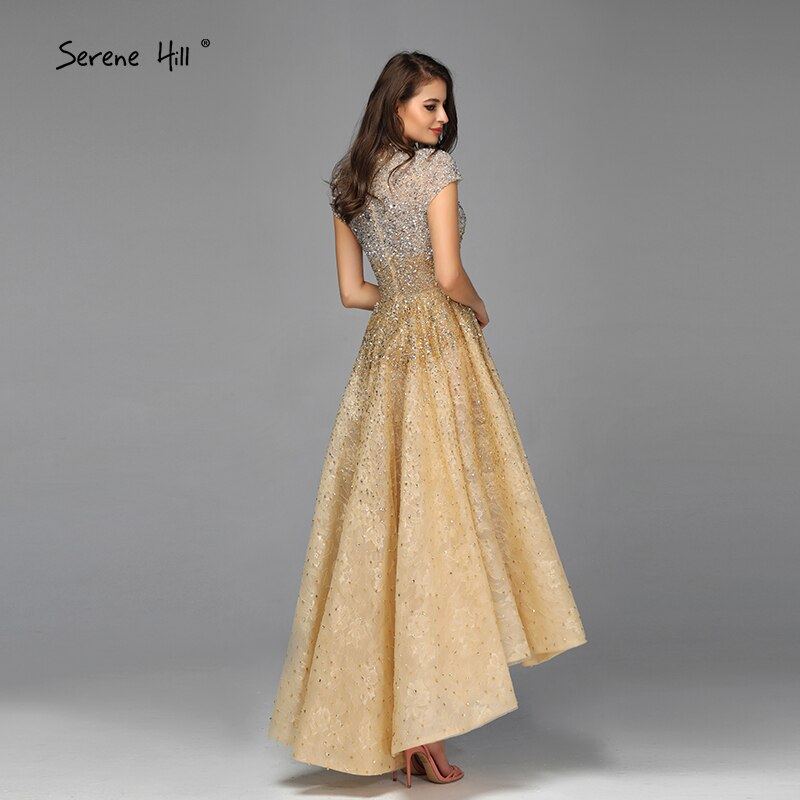 Gold High Neck Luxury Asymmetrical Evening Dresses 2025 Beading Sequined Sleeveless Evening Gowns LA60757