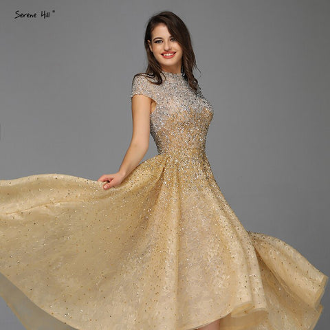 Robe de soirée asymétrique luxueuse dorée à col haut, 2025, perles, paillettes, sans manches, LA60757 