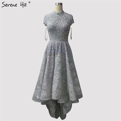 Robe de soirée asymétrique luxueuse dorée à col haut, 2025, perles, paillettes, sans manches, LA60757 
