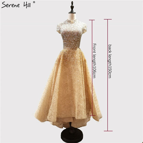 Robe de soirée asymétrique luxueuse dorée à col haut, 2025, perles, paillettes, sans manches, LA60757 