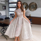 Gold High Neck Luxury Asymmetrical Evening Dresses 2025 Cap Sleeve Lace Beading Evening Gowns LA70227