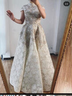 Gold High Neck Luxury Asymmetrical Evening Dresses 2025 Cap Sleeve Lace Beading Evening Gowns LA70227