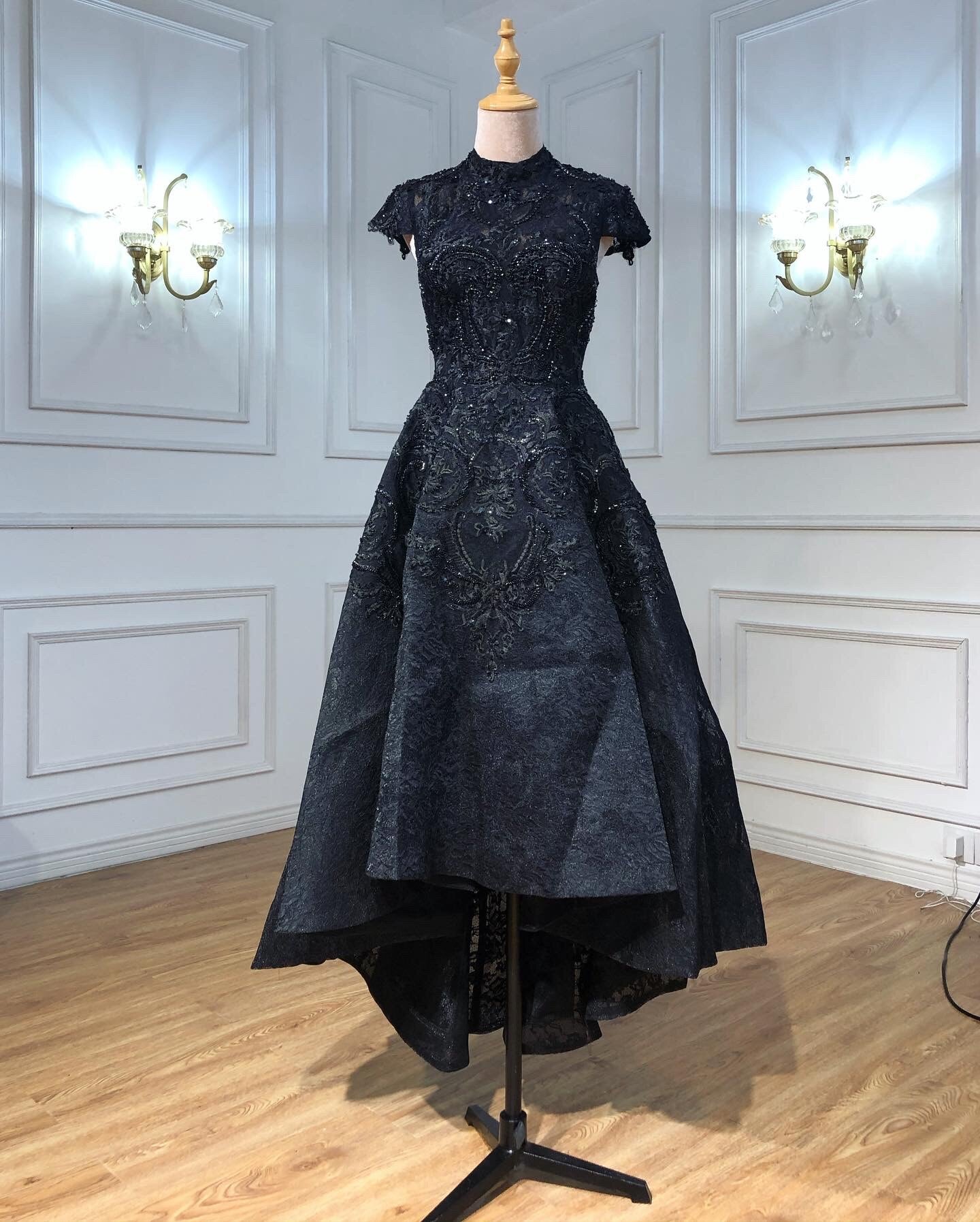 Gold High Neck Luxury Asymmetrical Evening Dresses 2025 Cap Sleeve Lace Beading Evening Gowns LA70227