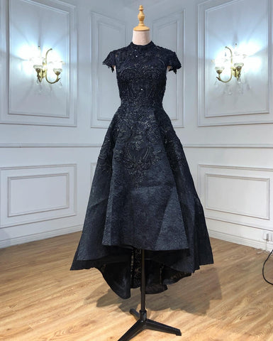 Vestidos de noche asimétricos de lujo dorados de cuello alto 2025, vestidos de noche de encaje con mangas casquillo y pedrería LA70227 