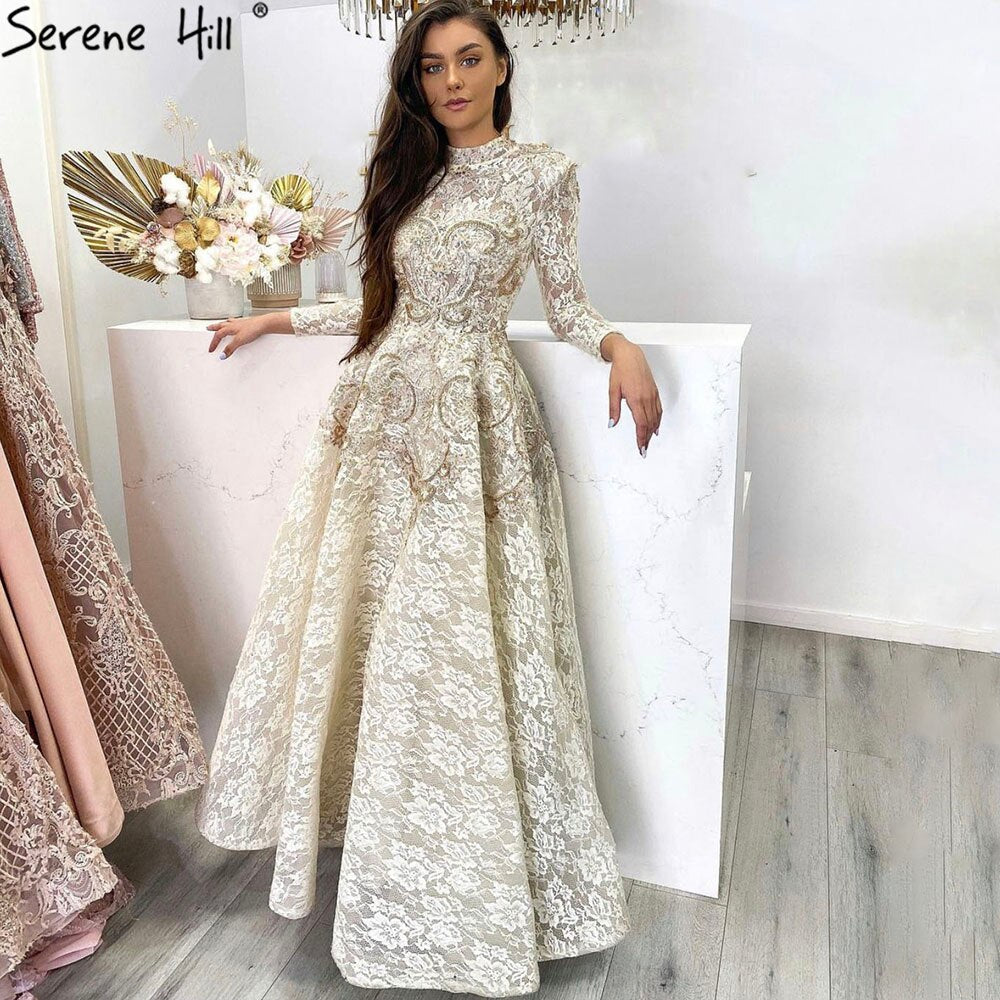 Gold High Neck Luxury Asymmetrical Evening Dresses 2025 Cap Sleeve Lace Beading Evening Gowns LA70227
