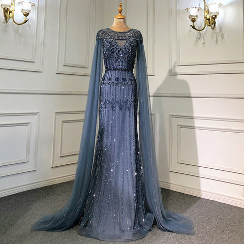 Robe de soirée de luxe dorée à manches cape style arabe, style sirène, avec perles, pour femme, LA71620, 2025 