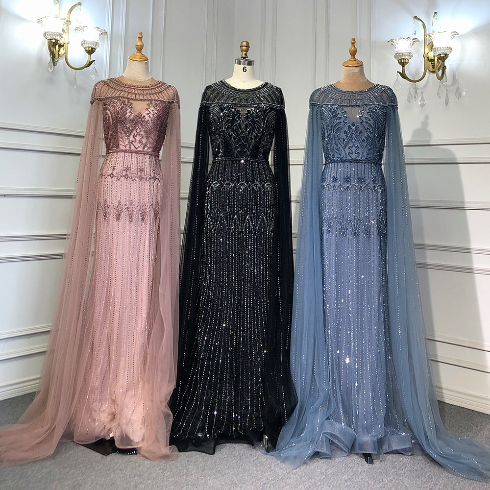 Gold Luxury Arabic Cape Sleeves Evening Dresses Gowns 2025 Beaded Mermaid For Women Party LA71620