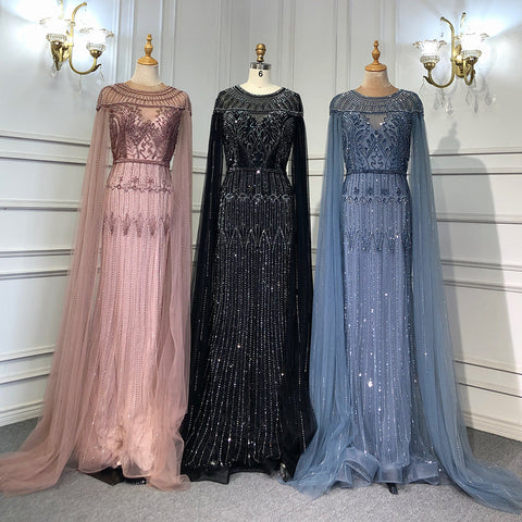Robe de soirée de luxe dorée à manches cape style arabe, style sirène, avec perles, pour femme, LA71620, 2025 