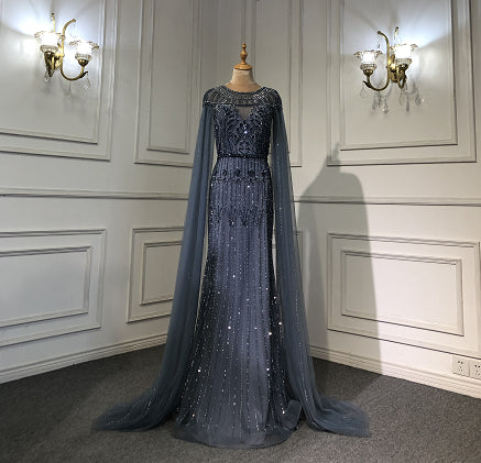 Robe de soirée de luxe dorée à manches cape style arabe, style sirène, avec perles, pour femme, LA71620, 2025 