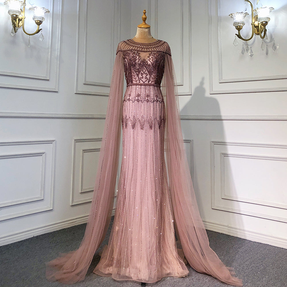 Gold Luxury Arabic Cape Sleeves Evening Dresses Gowns 2025 Beaded Mermaid For Women Party LA71620