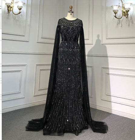 Robe de soirée de luxe dorée à manches cape style arabe, style sirène, avec perles, pour femme, LA71620, 2025 