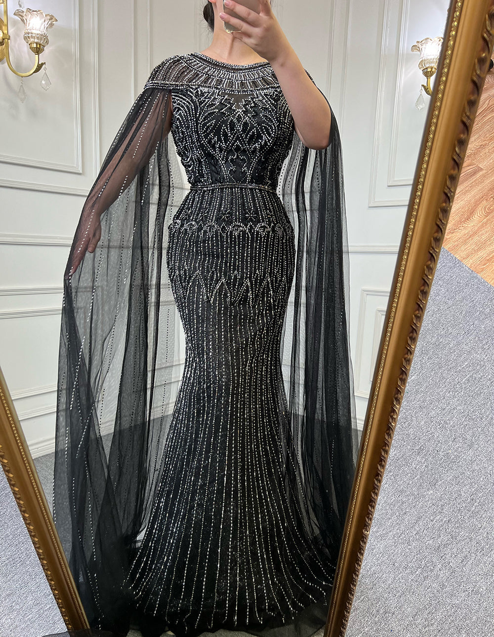 Gold Luxury Arabic Cape Sleeves Evening Dresses Gowns 2025 Beaded Mermaid For Women Party LA71620