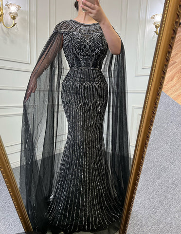 Robe de soirée de luxe dorée à manches cape style arabe, style sirène, avec perles, pour femme, LA71620, 2025 